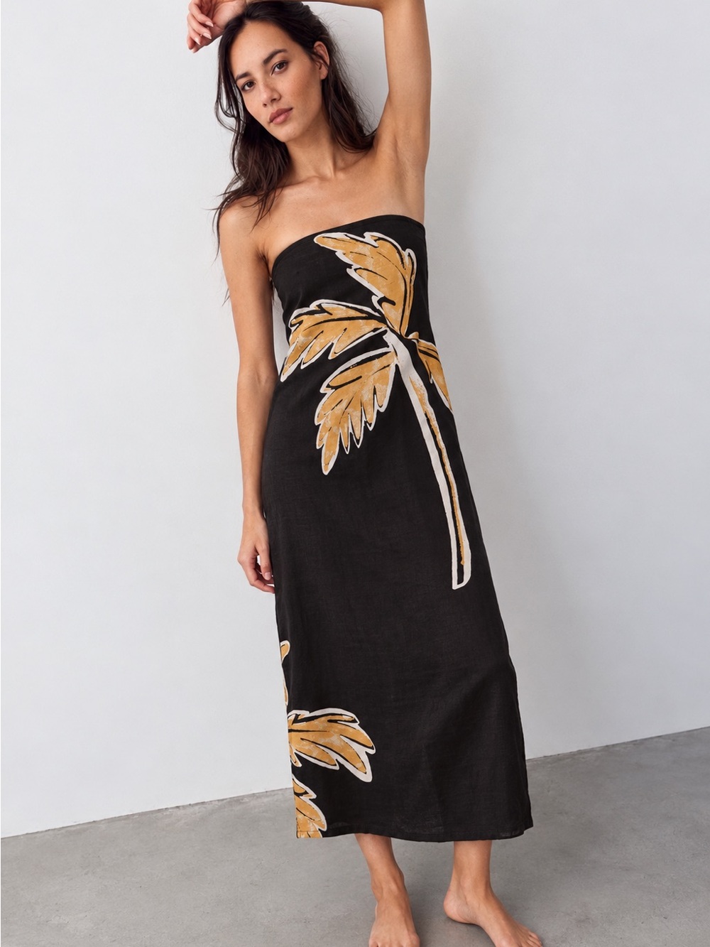 Anthropologie Strapless Midi Dress Black Gold Floral Cotton LouLou Sun NWT $118